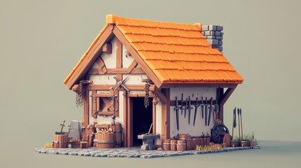 mini home's medieval weaponsmith building with a skilled blacksmith crafting sword and bow.