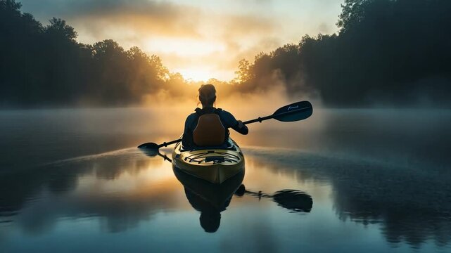 A person with muscular dystrophy enjoying a peaceful kayak ride on a calm lake at dawn, mist rising from the water.