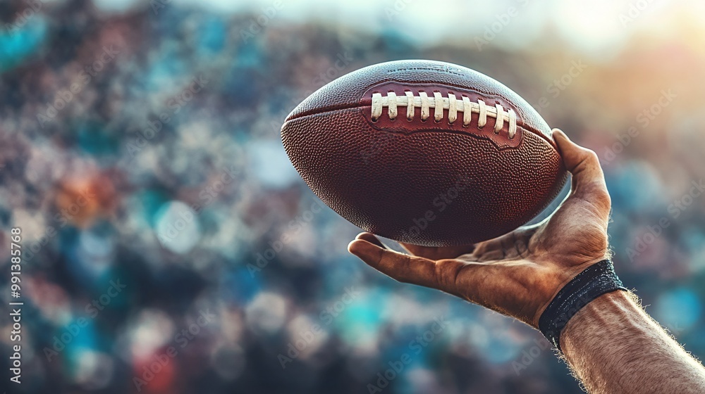 Poster a close-up of a wide receivers hands catching a football in mid-air with intense focus as the crowd 