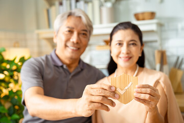 Two retired senior couple holding an insurance shield symbol out in front of them. Concept of retirement insurance, wealth accumulation.