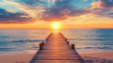 Fototapeta premium Gorgeous sunset near the beach's wooden jetty 
