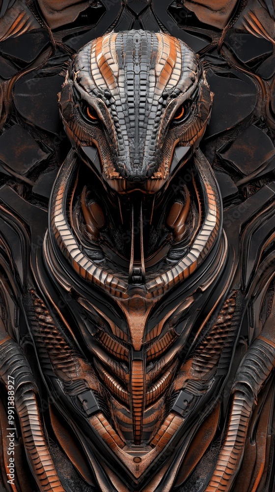 Fototapete a detailed line art of a half-cobra, half-robot with its hood fully flared, facing directly into the