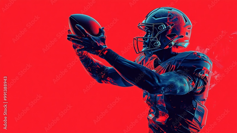 Poster An abstract minimalist action shot of a quarterback throwing a pass with exaggerated arm movement and bold colors Large space for text in center Stock Photo with copy space