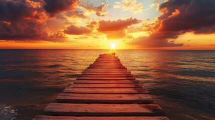 Gorgeous sunset near the beach's wooden jetty
