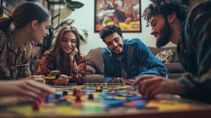 Fototapeta premium Diverse Group of Friends Enjoying Board Games at Casual Home Evening Gathering