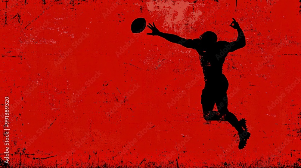 Aufkleber A minimal vector of a wide receiver jumping to catch the football with a sharp clean color palette emphasizing motion Large space for text in center Stock Photo with copy space