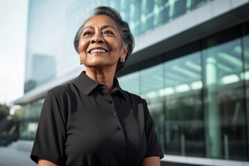 Fototapeta premium Portrait of a satisfied indian woman in her 70s wearing a breathable golf polo in sophisticated corporate office background