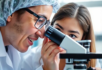 A scientist peering into a microscope a look of excitement on th