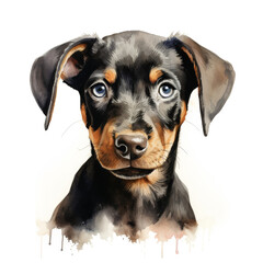 Obraz premium Doberman puppy, on a white background. Cute digital watercolor for dog lovers.