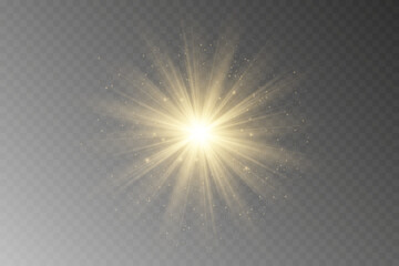 Fototapeta premium Glow light star, yellow sun rays, gold glare bokeh. Flash yellow sun, star flashed with sparkles.