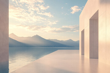 Abstract 3D rendering of minimalist style architectural space scene, mountain and lakeside building