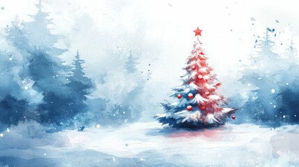 Obraz premium Christmas tree in a snowy landscape, decorated with colorful ornaments and a star on top, surrounded by soft blue and white hues creating a serene winter atmosphere