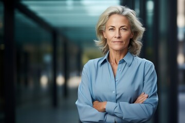 Portrait of a glad woman in her 60s sporting a versatile denim shirt while standing against sophisticated corporate office background