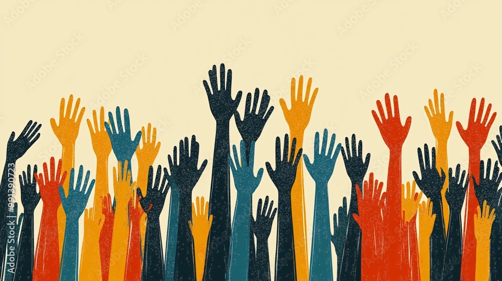 Aufkleber A minimalistic vector design of fans raising their hands in celebration with clean lines and simple flat colors Large space for text in center Stock Photo with copy space