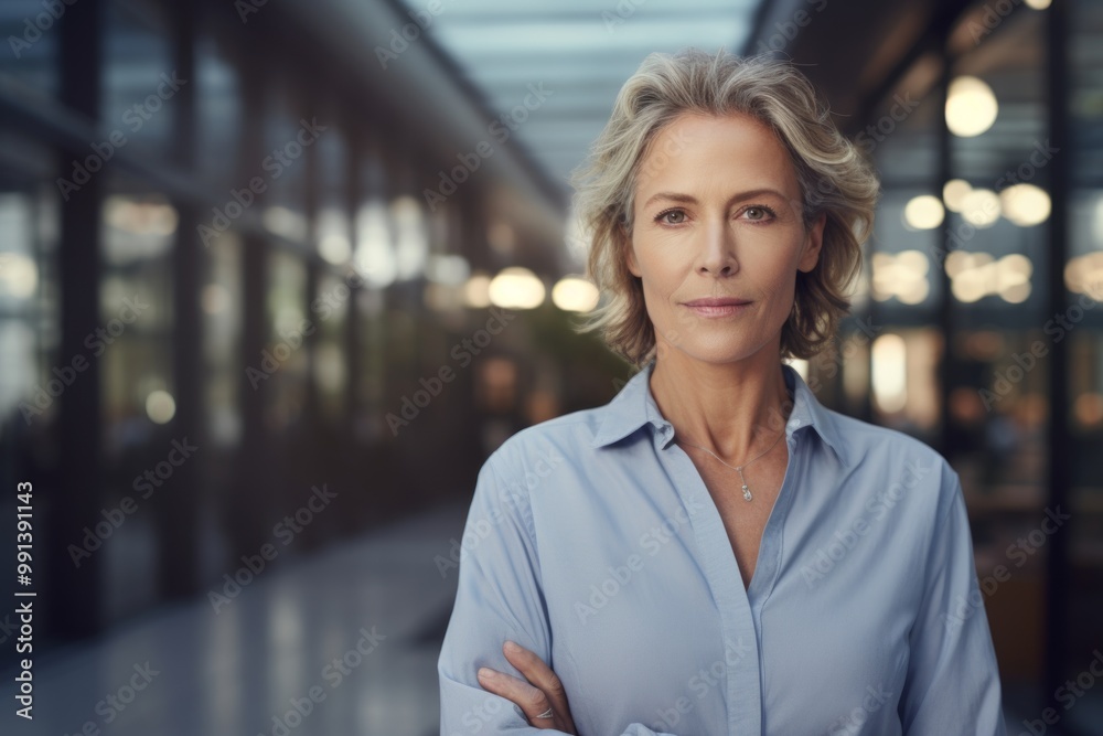 Wall mural Portrait of a glad woman in her 60s sporting a versatile denim shirt over sophisticated corporate office background