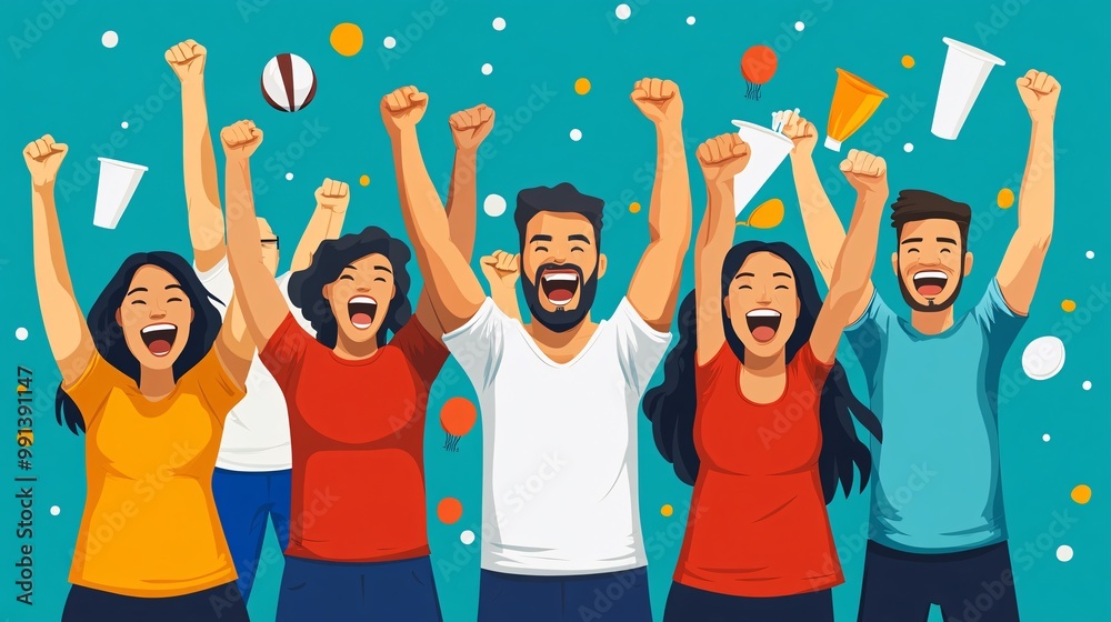 Poster a flat design of excited football fans in the stands with simplified expressions and a bold color pa