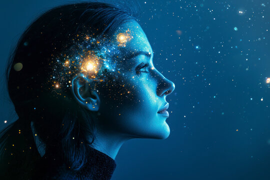 Profile of a woman with the cosmos as a brain. The scientific concept.