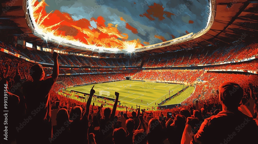 Aufkleber An overhead view of a stadium full of fans cheering in a stylized vector format with large bold shapes and clean colors Large space for text in center Stock Photo with copy space