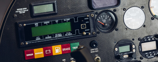 Airplane dashboard, fuel indicator. Fuel pump icon. gas gauge dashboard in Plane with warning sign of run out of fuel turn on. Low level of fuel show on speedometer dashboard.