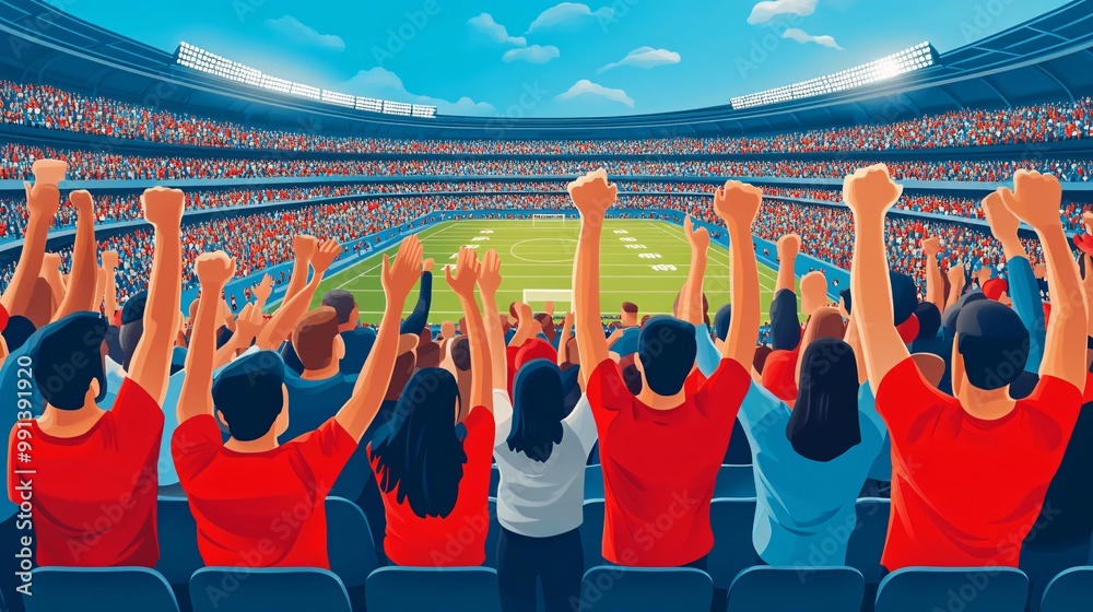Poster An overhead view of a stadium full of fans cheering in a stylized vector format with large bold shapes and clean colors Large space for text in center Stock Photo with copy space