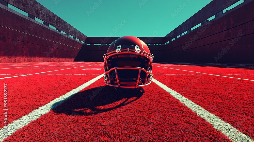 Poster A flat illustration of a football helmet and cleats placed on a turf field rendered with simple geometry and minimal detail Large space for text in center Stock Photo with copy space