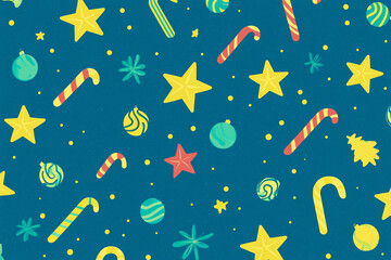 Naklejka premium Cute Christmas-themed patterned wallpaper featuring candy cane trees, snowmen, Santa, snowflakes, Christmas tree decorations, and other festive Christmas-related graphics.