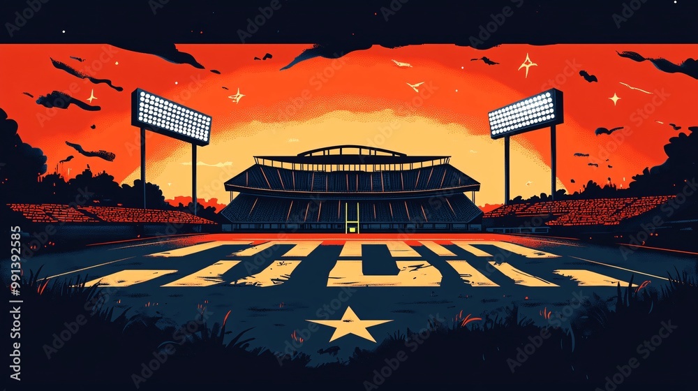 Poster a wide-angle minimalist illustration of an iconic nfl stadium lit up at night with clean architectur