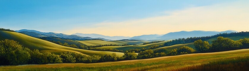 Obraz premium A serene landscape painting of rolling hills fading into the distance