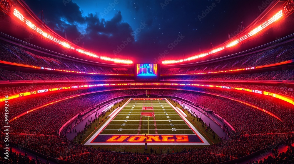 Poster a wide-angle minimalist illustration of an iconic nfl stadium lit up at night with clean architectur