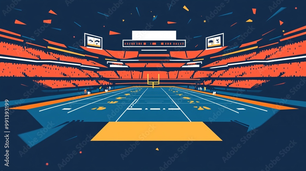 Poster a flat design of a famous nfl stadium viewed from the stands with simple shapes and vibrant lighting