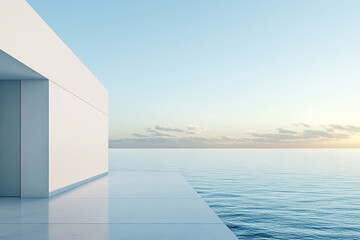Abstract 3D rendering of minimalist style architectural space scene, mountain and lakeside building