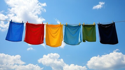 A row of colorful clothes drying on a clothesline, with plenty of open sky above for text placement. -
