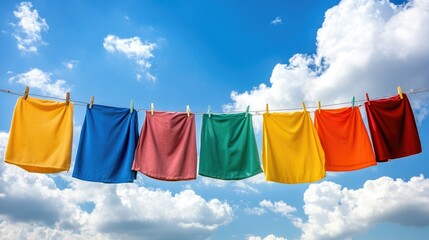 A row of colorful clothes drying on a clothesline, with plenty of open sky above for text placement. -