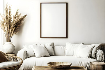 Mockup frame in farmhouse living room white sofa interior style, 3d render Photo