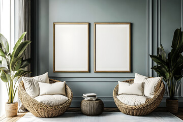 Mockup frame in farmhouse living room white sofa interior style, 3d render Photo