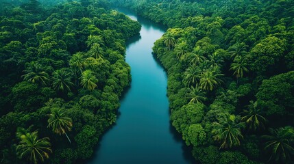 Serene Rainforest River Flowing Through Lush Tropical Vegetation - Tranquil Tropical Landscapes in the Wild