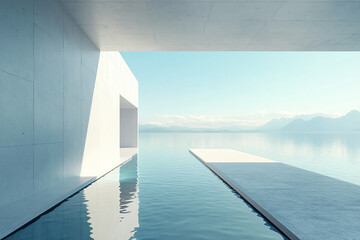 Fototapeta premium Abstract 3D rendering of minimalist style architectural space scene, mountain and lakeside building