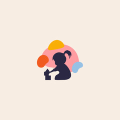 boho vector illustration silhouette of little girl playing with building blocks