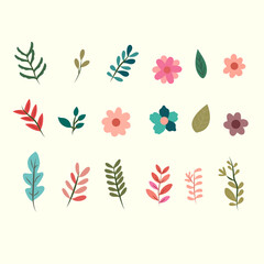 set of collection branches leaves with flower flat