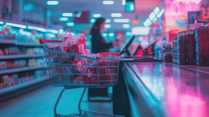 A shopping cart parked beside a checkout counter, filled with groceries as a cashier rings up items under fluorescent supermarket lights.