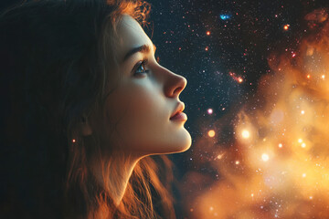 The universe inside us, the profile of a young woman and space.