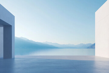 Fototapeta premium Abstract 3D rendering of minimalist style architectural space scene, mountain and lakeside building