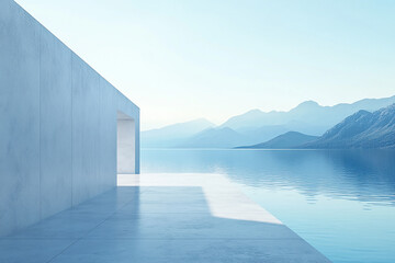 Obraz premium Abstract 3D rendering of minimalist style architectural space scene, mountain and lakeside building