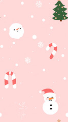 Cute Christmas-themed patterned wallpaper featuring candy cane trees, snowmen, Santa, snowflakes, Christmas tree decorations, and other festive Christmas-related graphics.