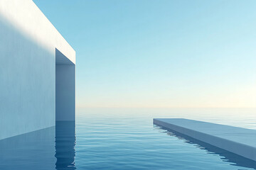 Abstract 3D rendering of minimalist style architectural space scene, mountain and lakeside building