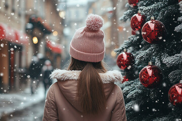 Back view of a girl in a winter coat and pink hat standing near a Christmas tree decorated with red ornaments on a city street
