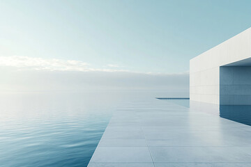 Fototapeta premium Abstract 3D rendering of minimalist style architectural space scene, mountain and lakeside building