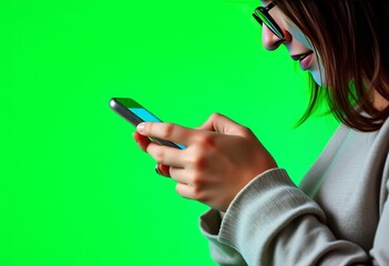 Close up of a woman with glasses scrolling on a smartphone with