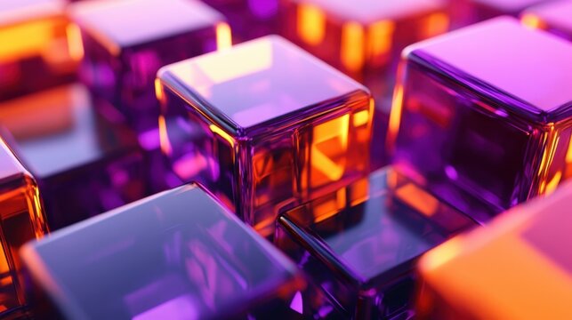 Glossy violet and orange cubes perfectly aligned in a contemporary tech environment reflecting light from all angles