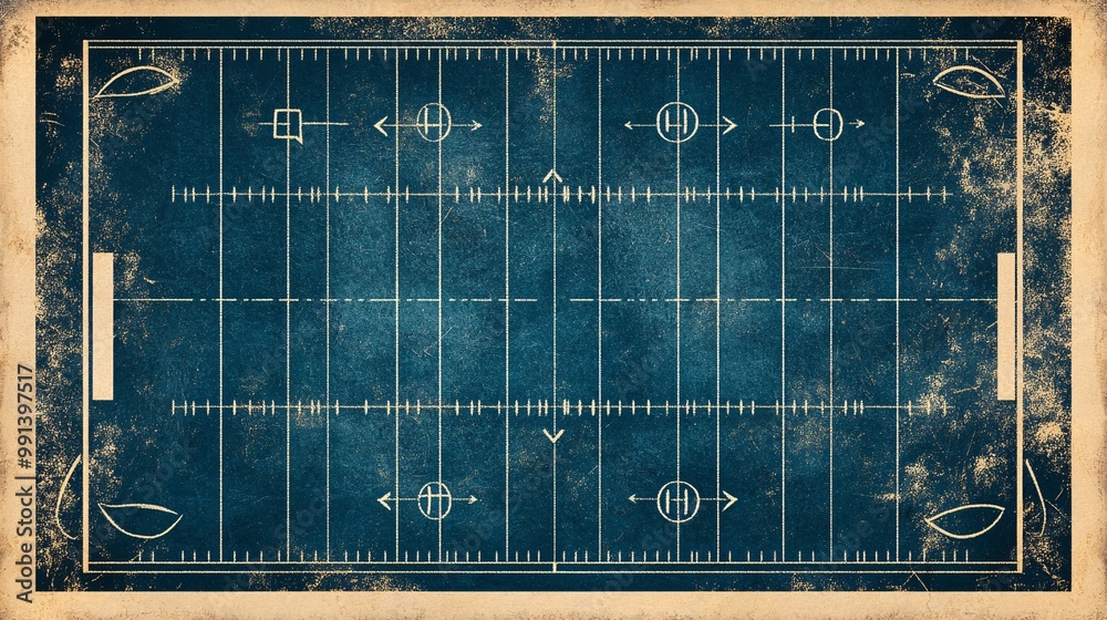 Fototapete A minimal vector design of a football field with game strategy drawn on it using simple lines and arrows Large space for text in center Stock Photo with copy space